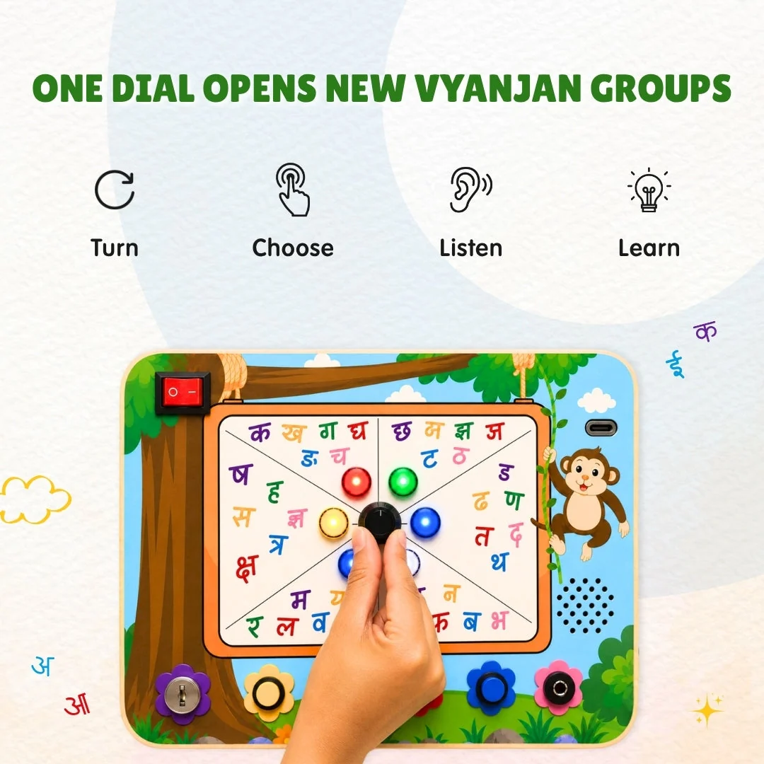 A hand turning the central dial on the board to select a Vyanjan group