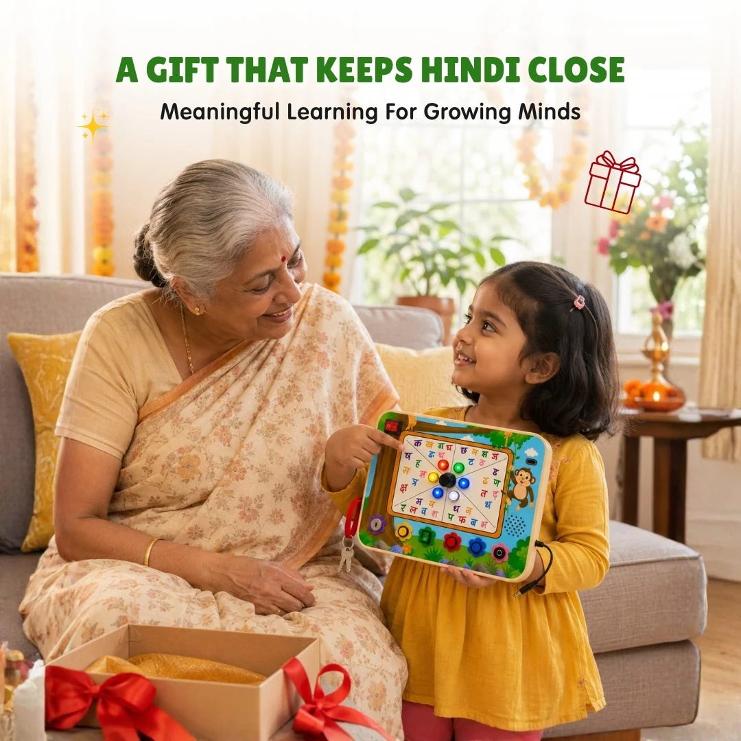 A grandmother and her granddaughter looking at the board together with a gift box open beside them