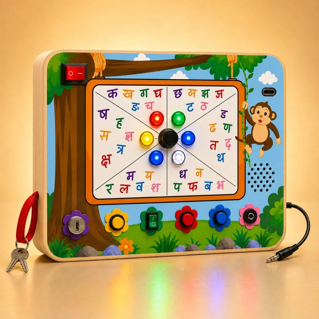 Vyanjan Play Busy Board, a wooden Hindi letter board with a jungle scene, a central dial, colour LED buttons, a key switch and an AUX plug