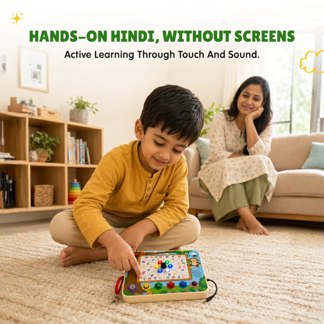 A boy playing with the board on a rug while his mother watches from the sofa